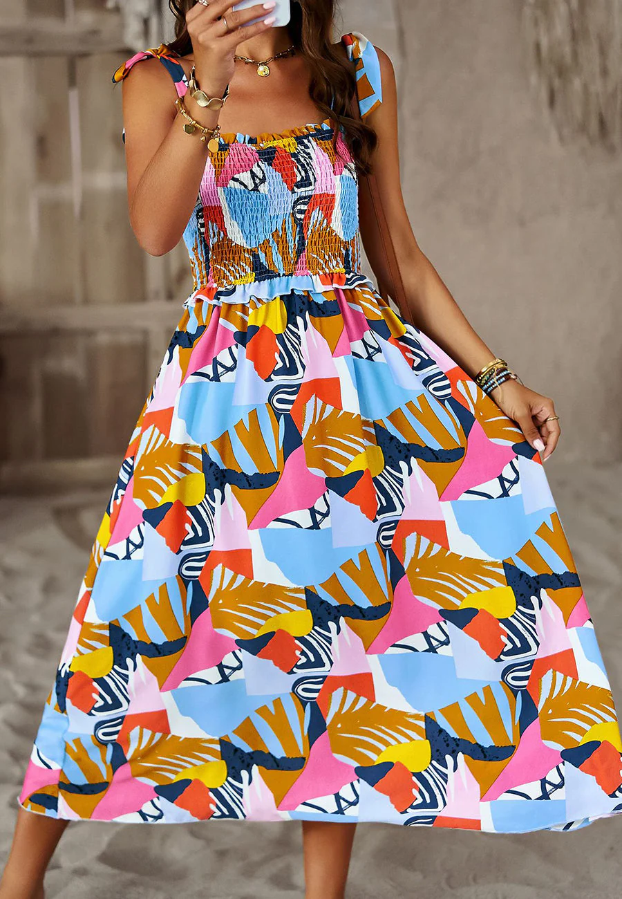 Tie-Shoulder Printed Shirred Dress - Image 22