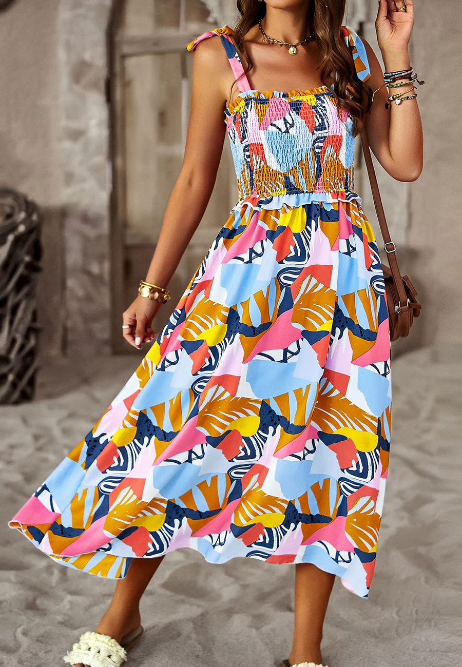 Tie-Shoulder Printed Shirred Dress - Image 24