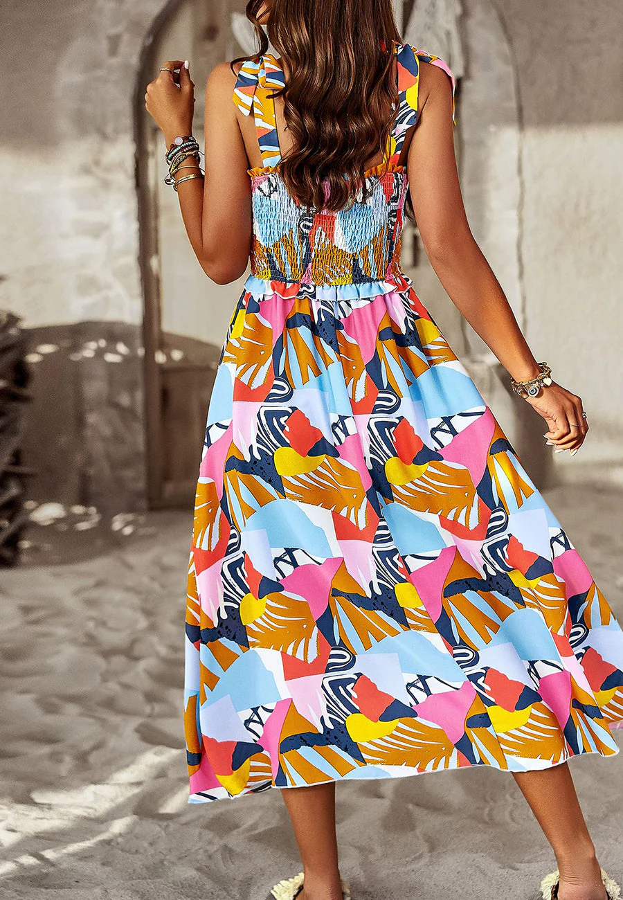 Tie-Shoulder Printed Shirred Dress - Image 25