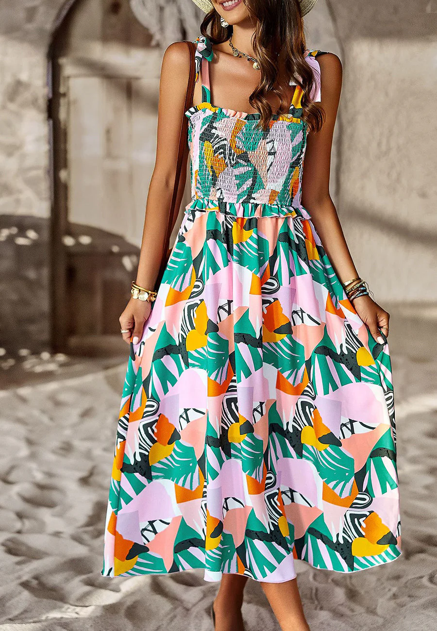 Tie-Shoulder Printed Shirred Dress - Image 3