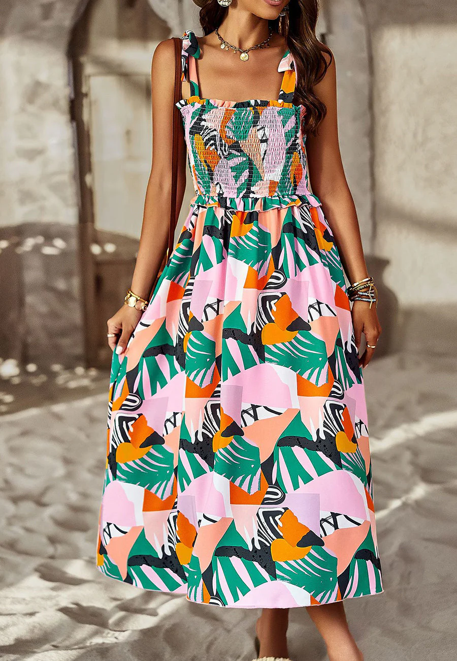 Tie-Shoulder Printed Shirred Dress - Image 4