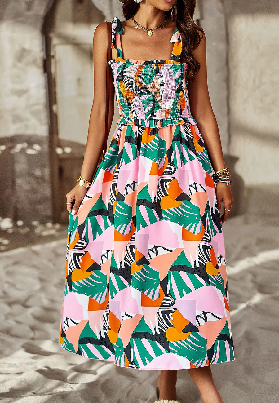 Tie-Shoulder Printed Shirred Dress - Image 5