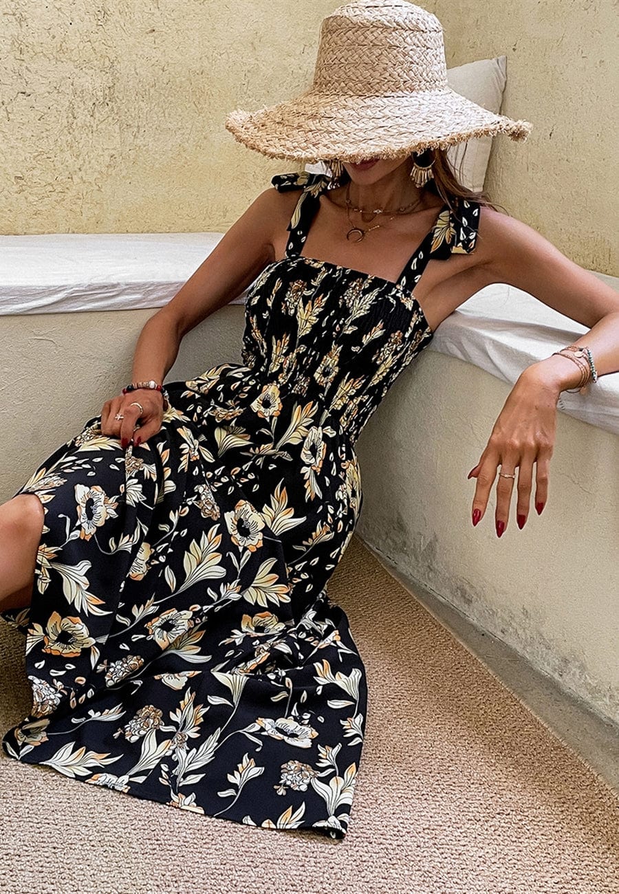 Tie Shoulder Shirred Floral Dress - Image 4