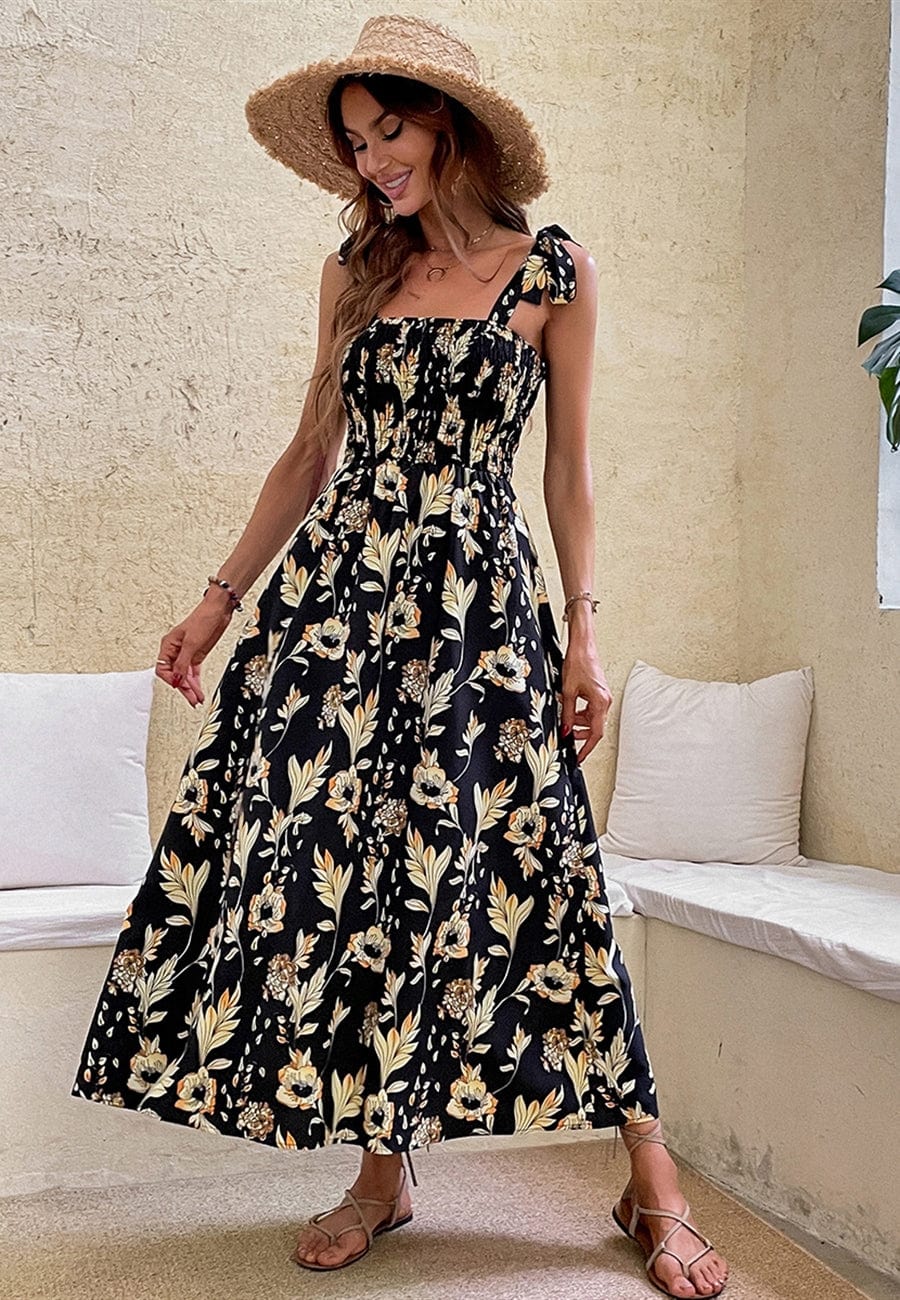 Tie Shoulder Shirred Floral Dress - Image 5