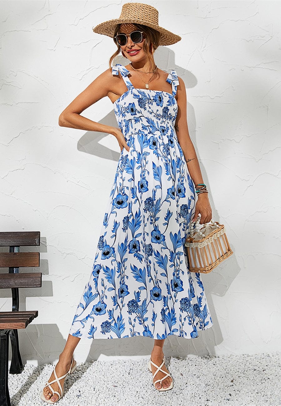 Tie Shoulder Shirred Floral Dress - Image 7