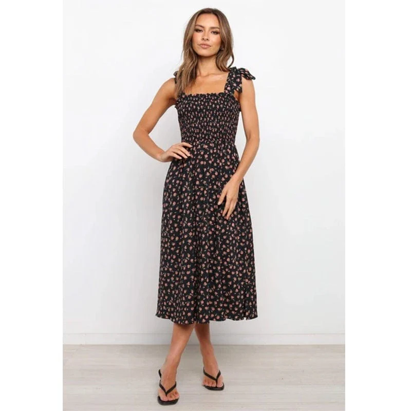 Tie Shoulder Smocked Floral Dress