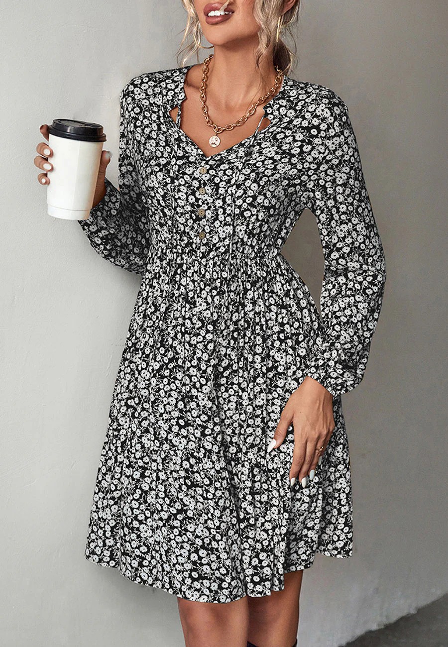 Tie V Neck Ditsy Floral Dress - Image 2