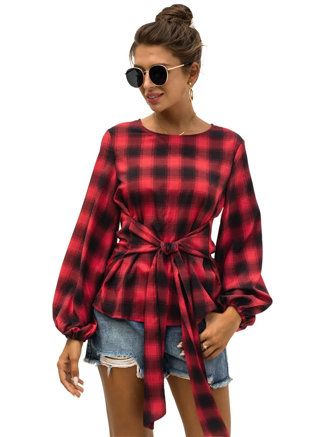 Tie Waist Plaid Blouse - Image 12