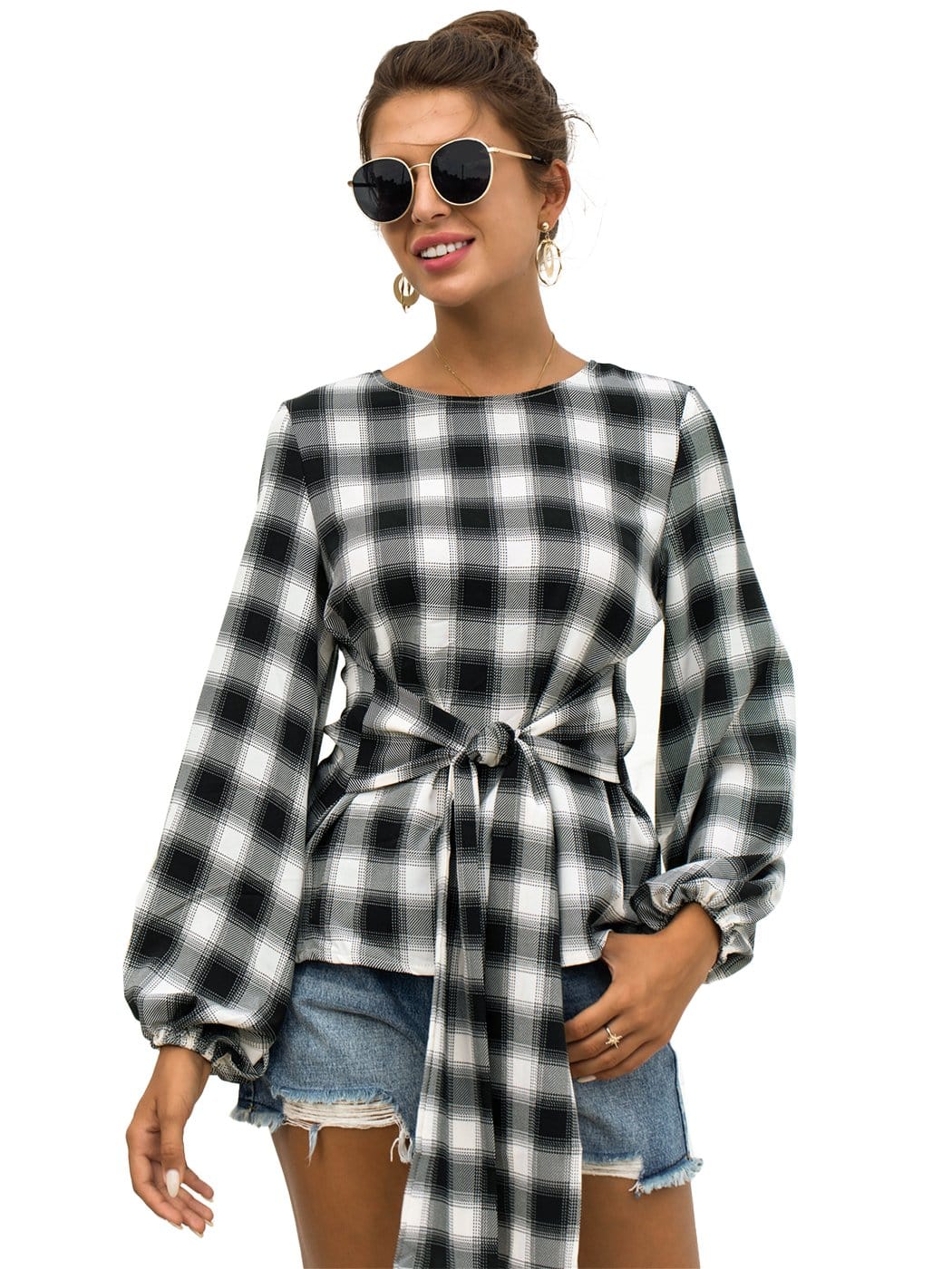 Tie Waist Plaid Blouse - Image 13