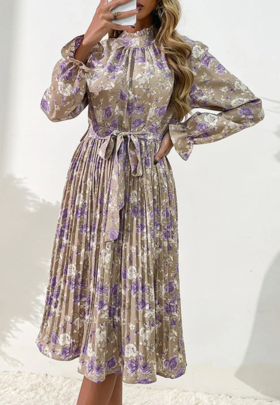 Tie Waist Pleated Floral Dress - Image 10
