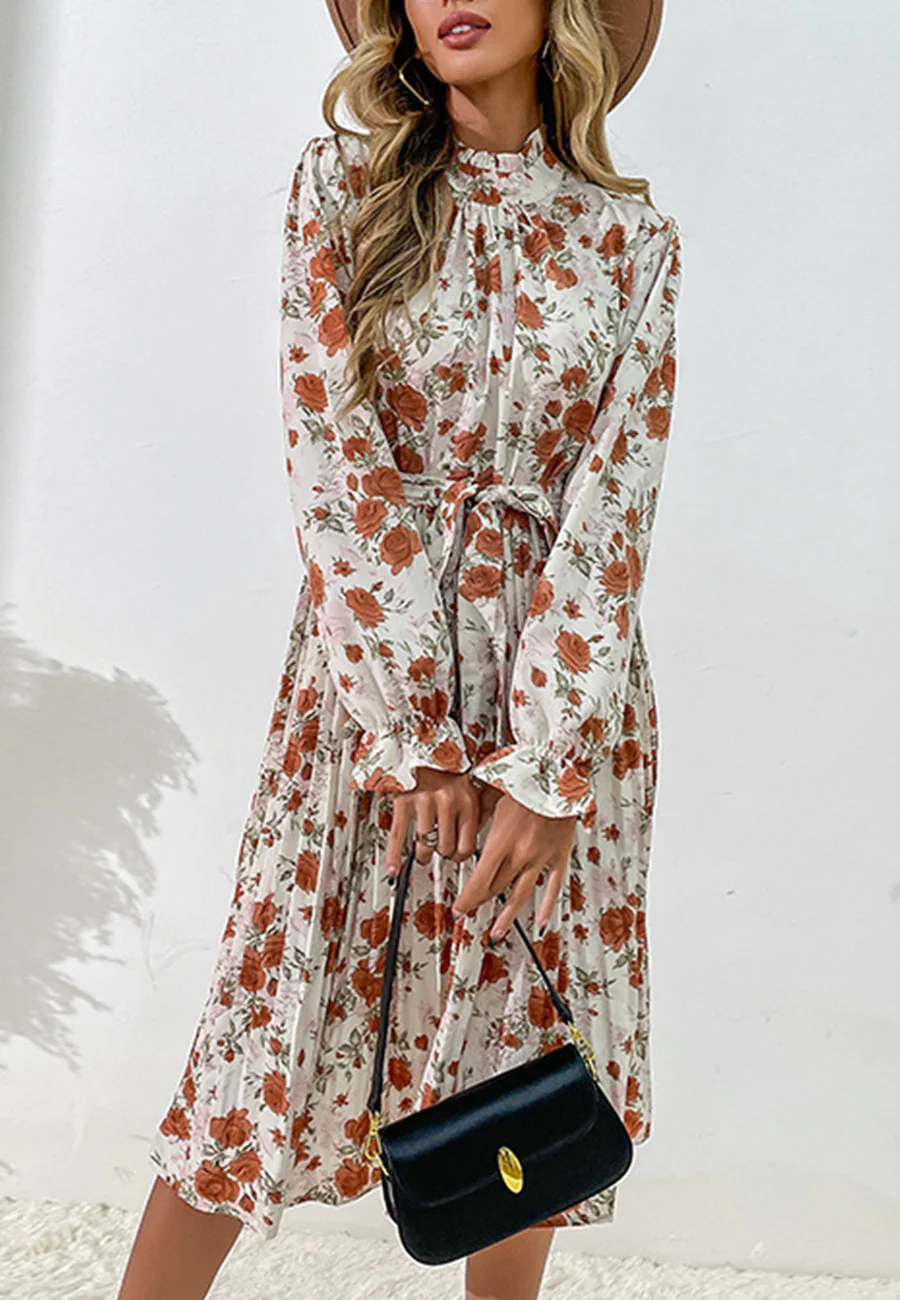 Tie Waist Pleated Floral Dress - Image 11