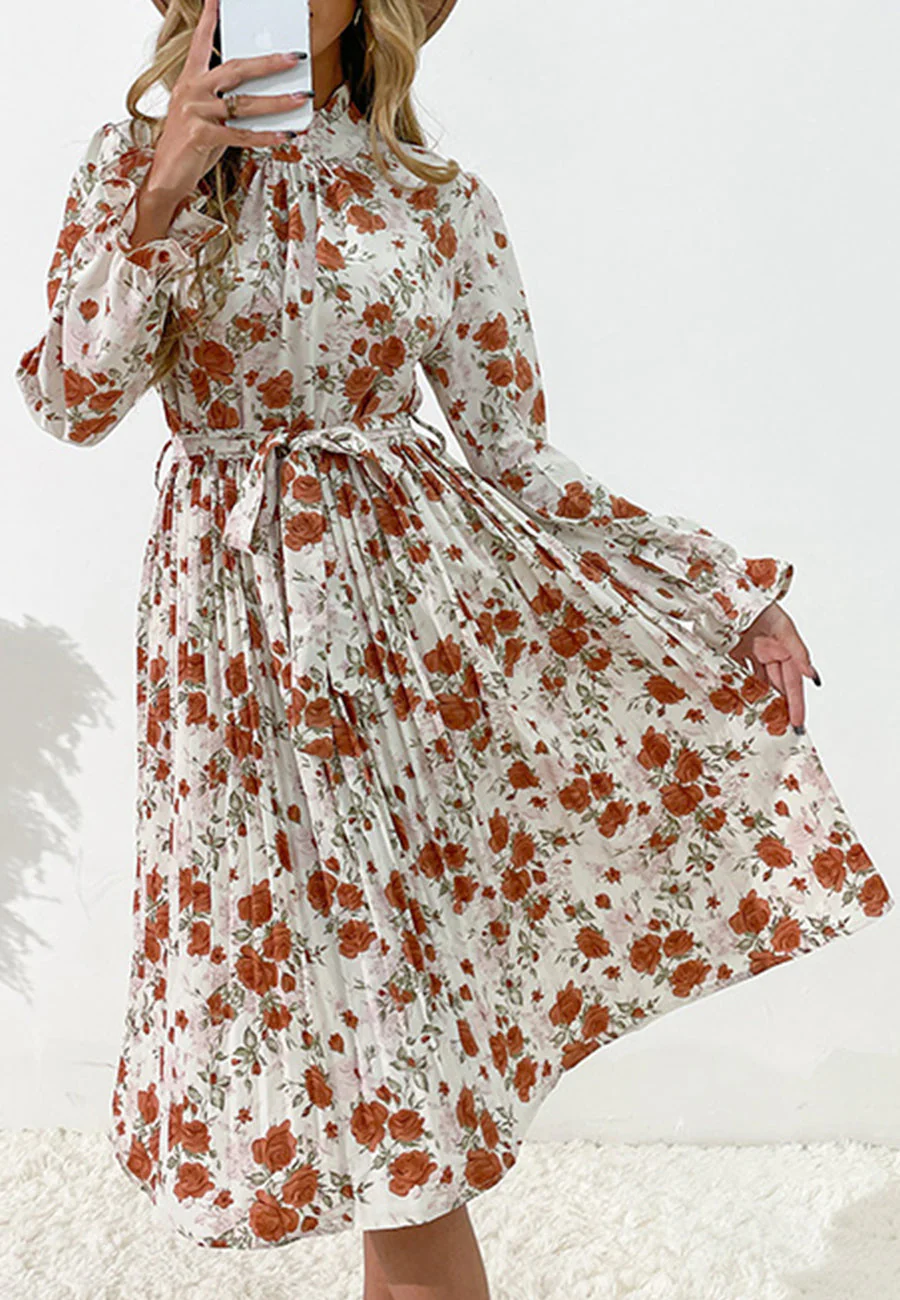 Tie Waist Pleated Floral Dress - Image 12