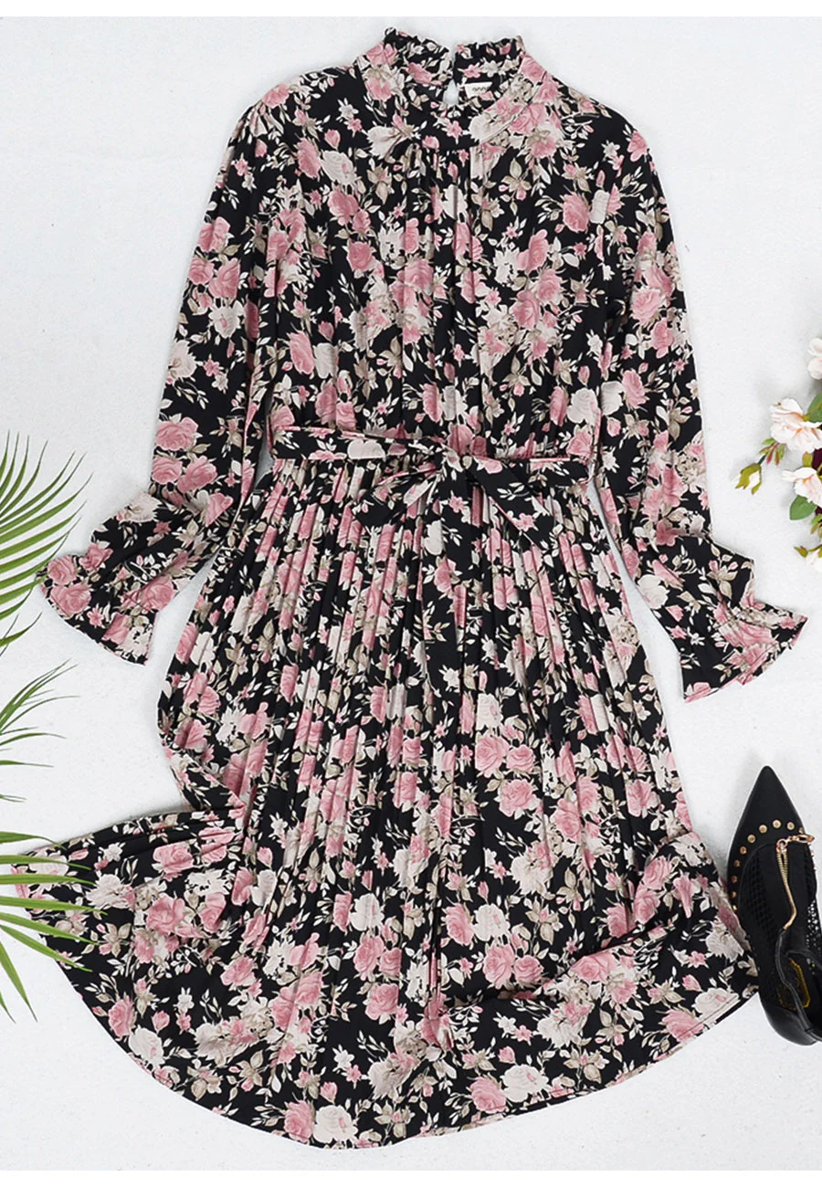 Tie Waist Pleated Floral Dress - Image 3