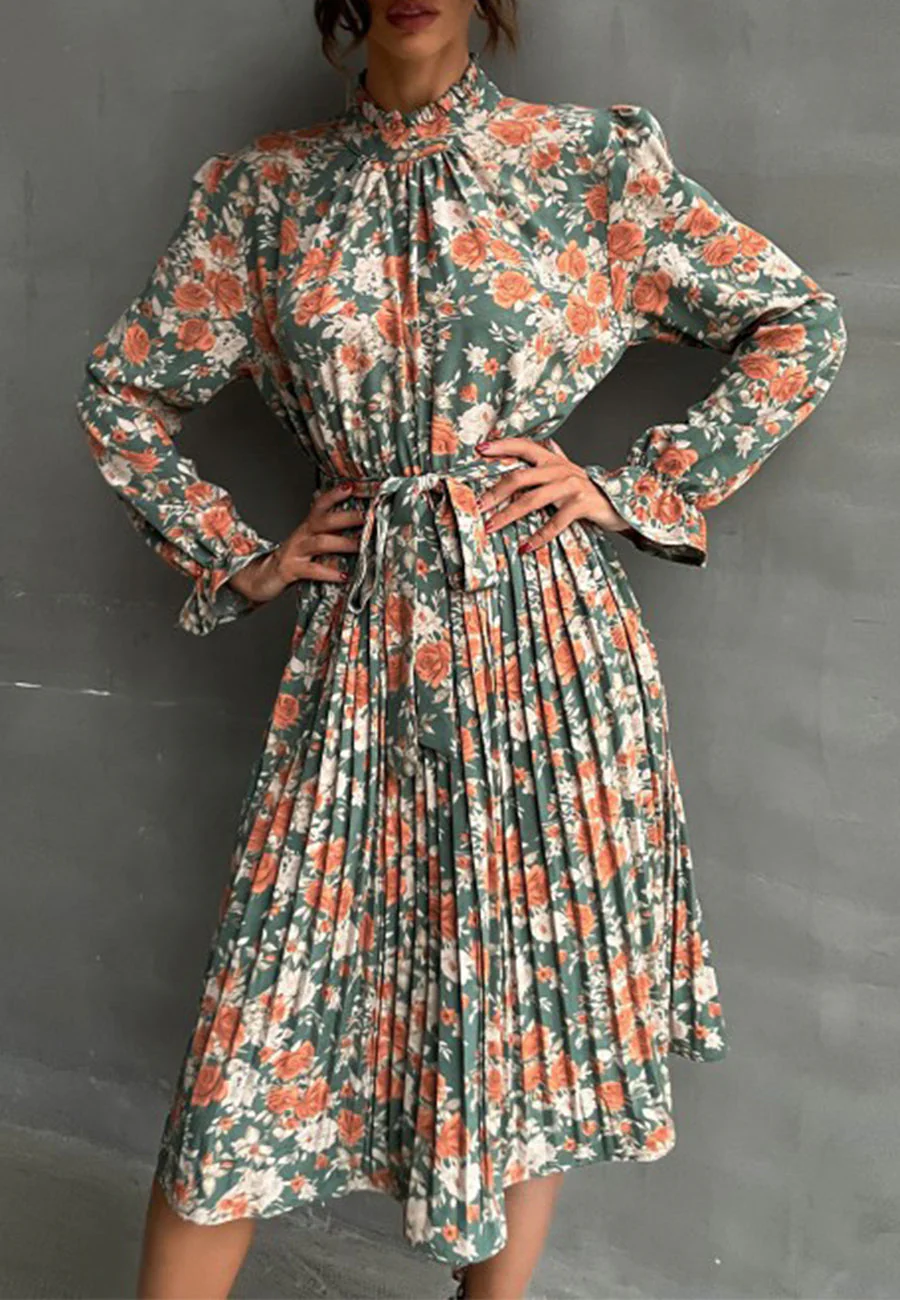Tie Waist Pleated Floral Dress - Image 4