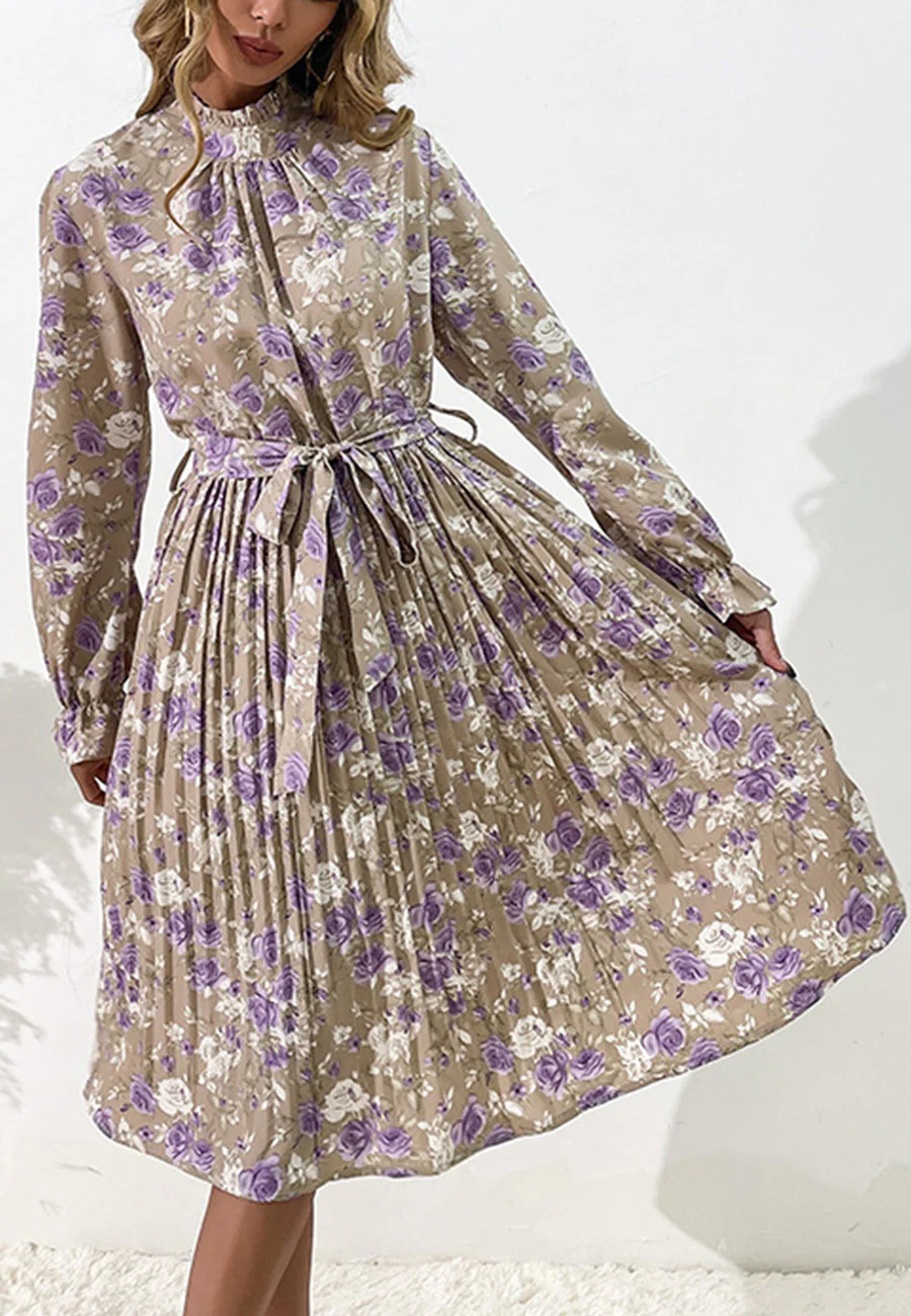 Tie Waist Pleated Floral Dress - Image 9