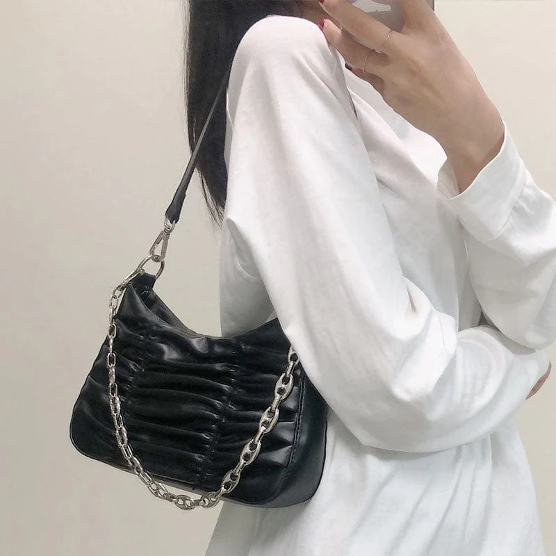 Trendy Ruched Faux Leather Shoulder Bag w/ Optional Silver Chain