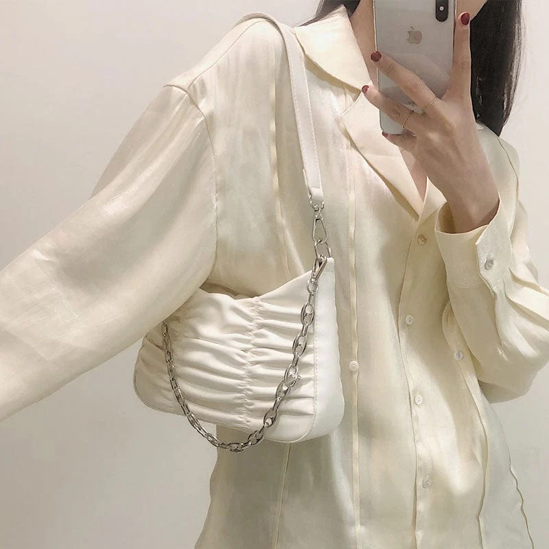 Trendy Ruched Faux Leather Shoulder Bag w/ Optional Silver Chain - Image 2
