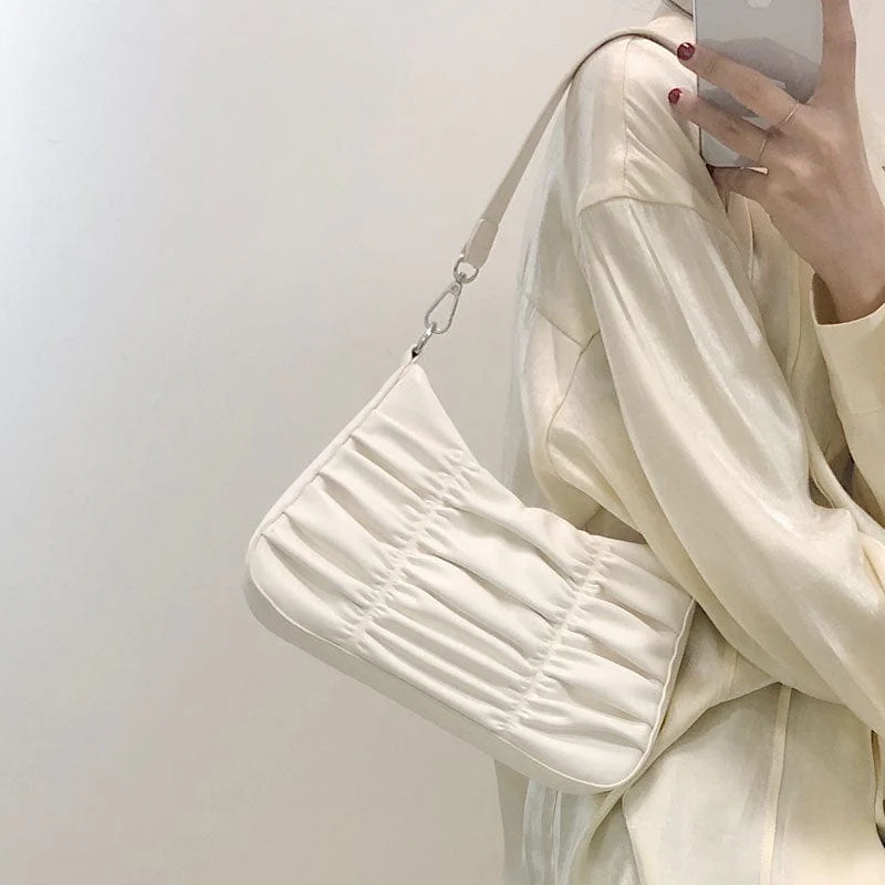 Trendy Ruched Faux Leather Shoulder Bag w/ Optional Silver Chain - Image 4