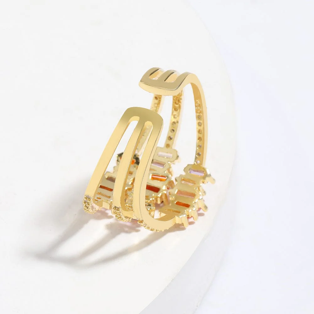 Triple Layered Colorful Rhinestones Gold Adjustable Ring - Image 2