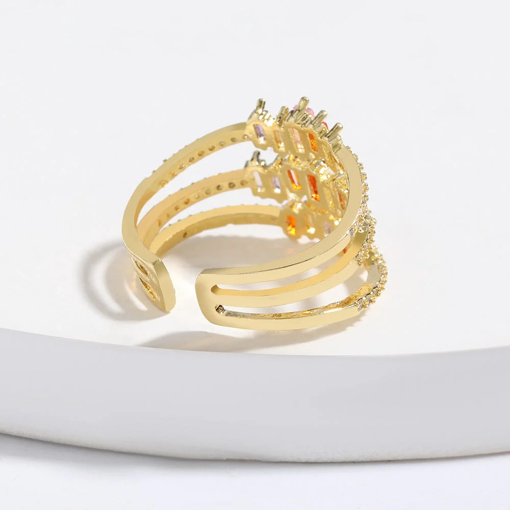 Triple Layered Colorful Rhinestones Gold Adjustable Ring - Image 3
