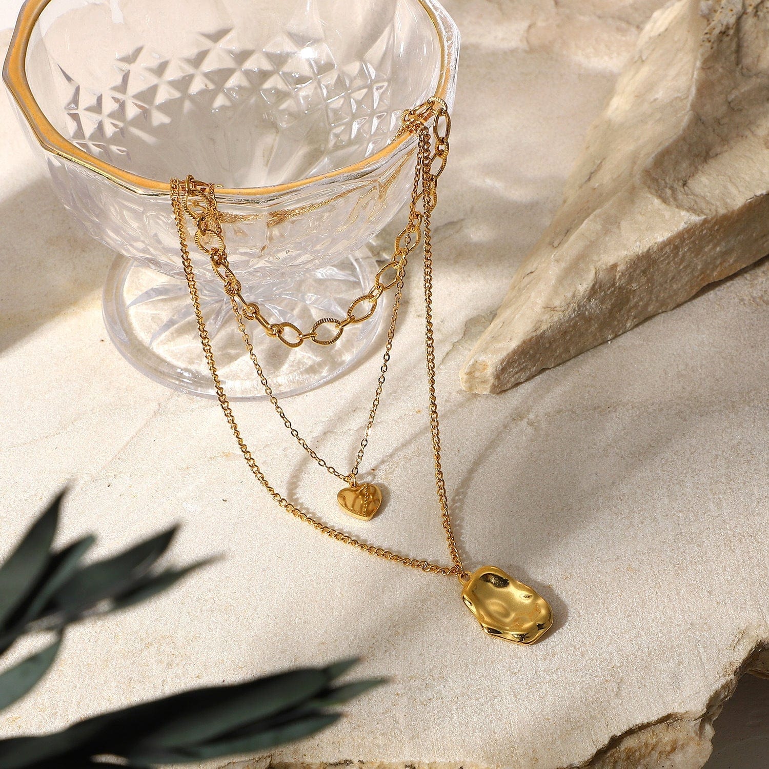 Triple Layered Gold Chain Necklace with Pendants - Image 3