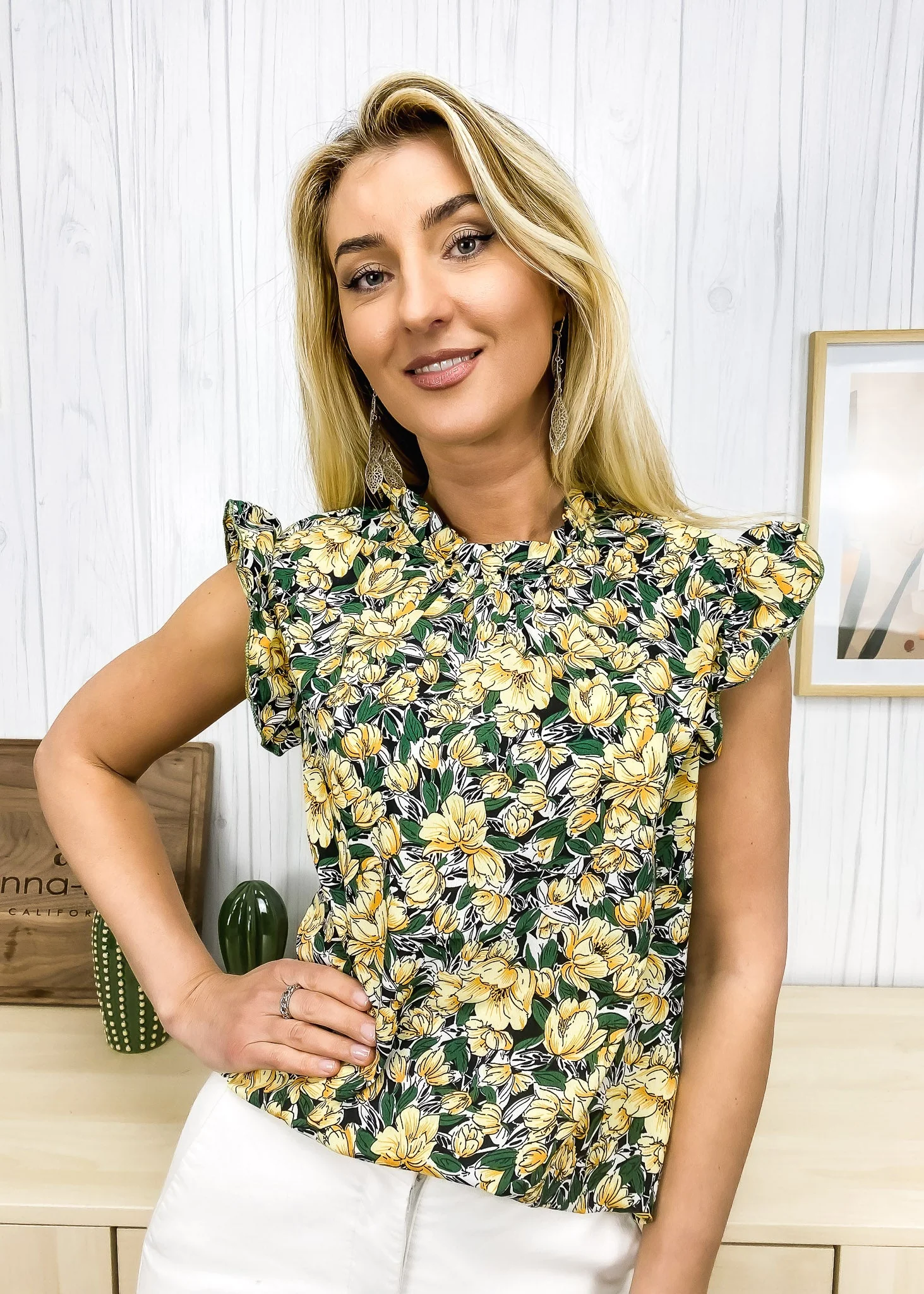 Tropical Floral Ruffle Shoulder Blouse - Image 2