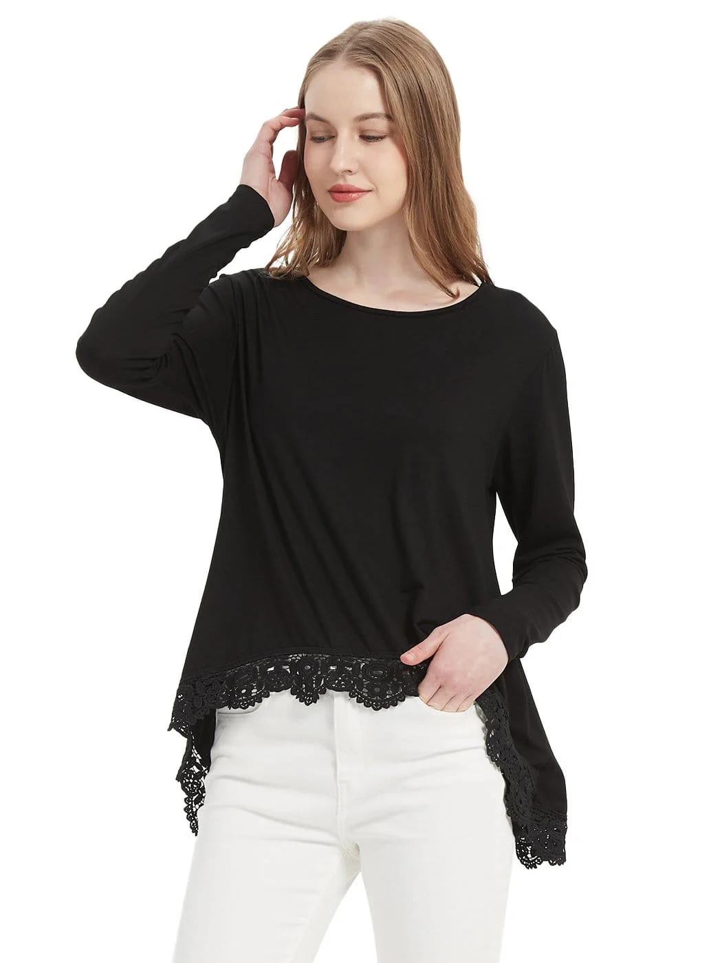 Tunic Tops Long Sleeve Lace Trim U-Neck Blouse Solid Color Shirts - Image 10