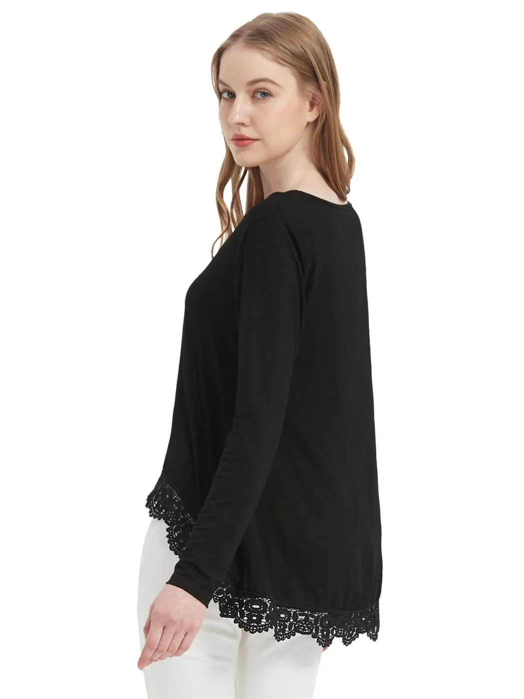 Tunic Tops Long Sleeve Lace Trim U-Neck Blouse Solid Color Shirts - Image 11