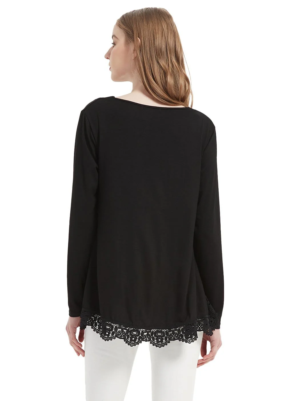 Tunic Tops Long Sleeve Lace Trim U-Neck Blouse Solid Color Shirts - Image 12