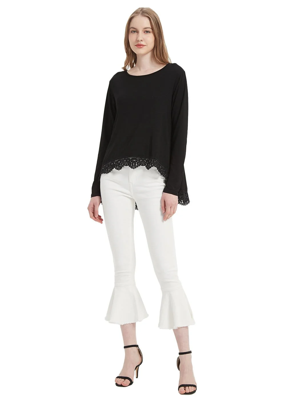 Tunic Tops Long Sleeve Lace Trim U-Neck Blouse Solid Color Shirts - Image 13