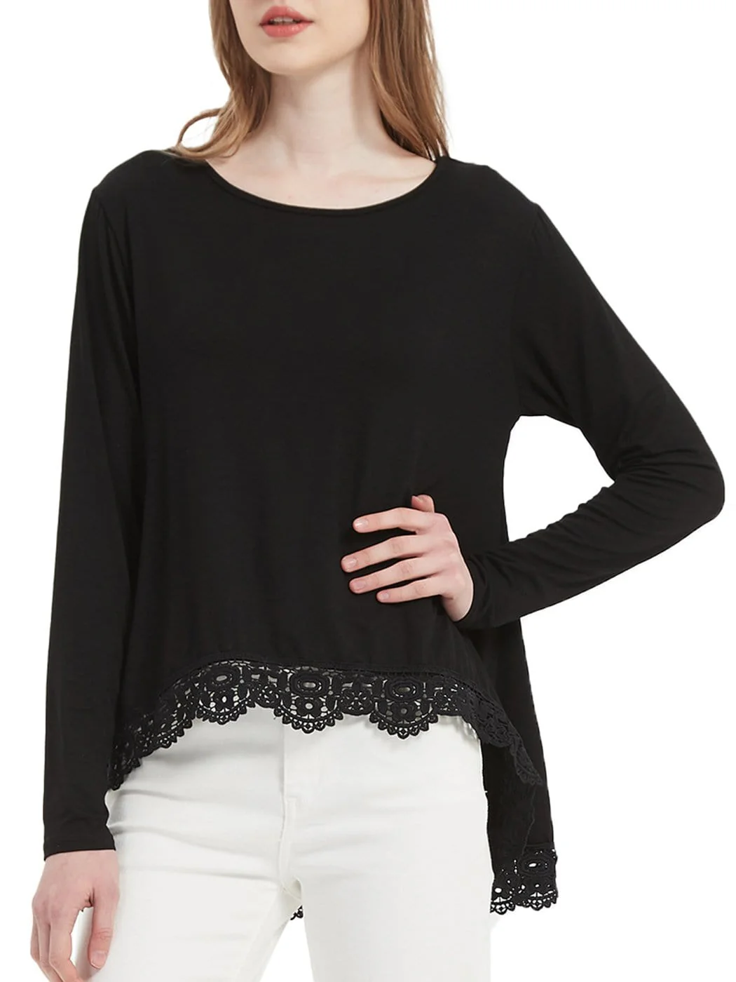 Tunic Tops Long Sleeve Lace Trim U-Neck Blouse Solid Color Shirts - Image 14