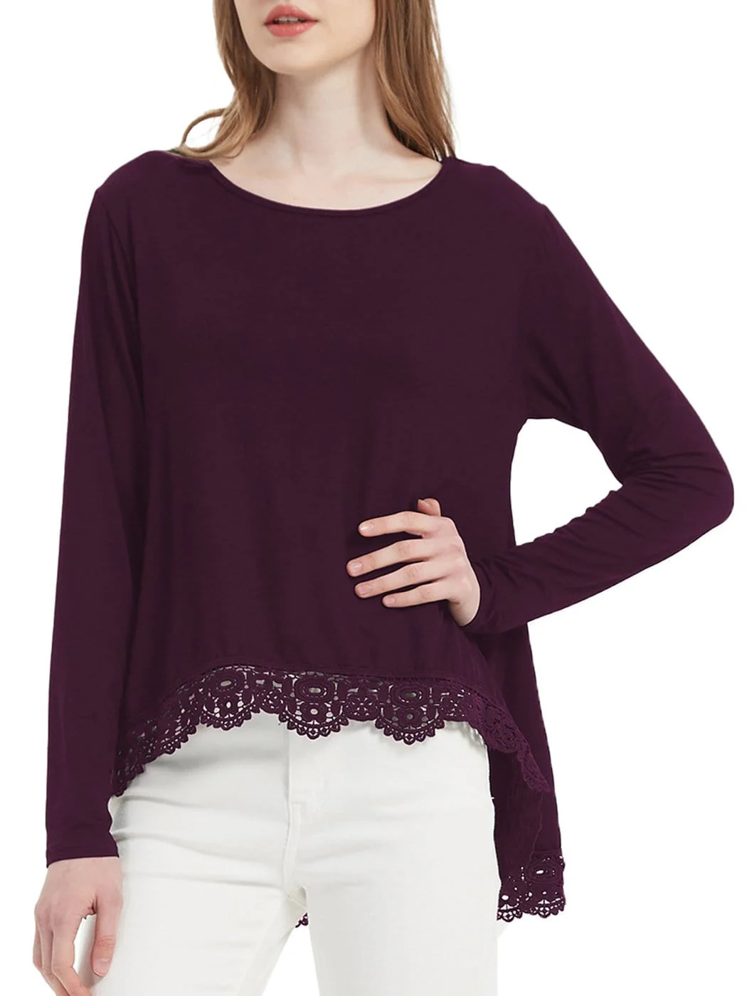 Tunic Tops Long Sleeve Lace Trim U-Neck Blouse Solid Color Shirts - Image 16