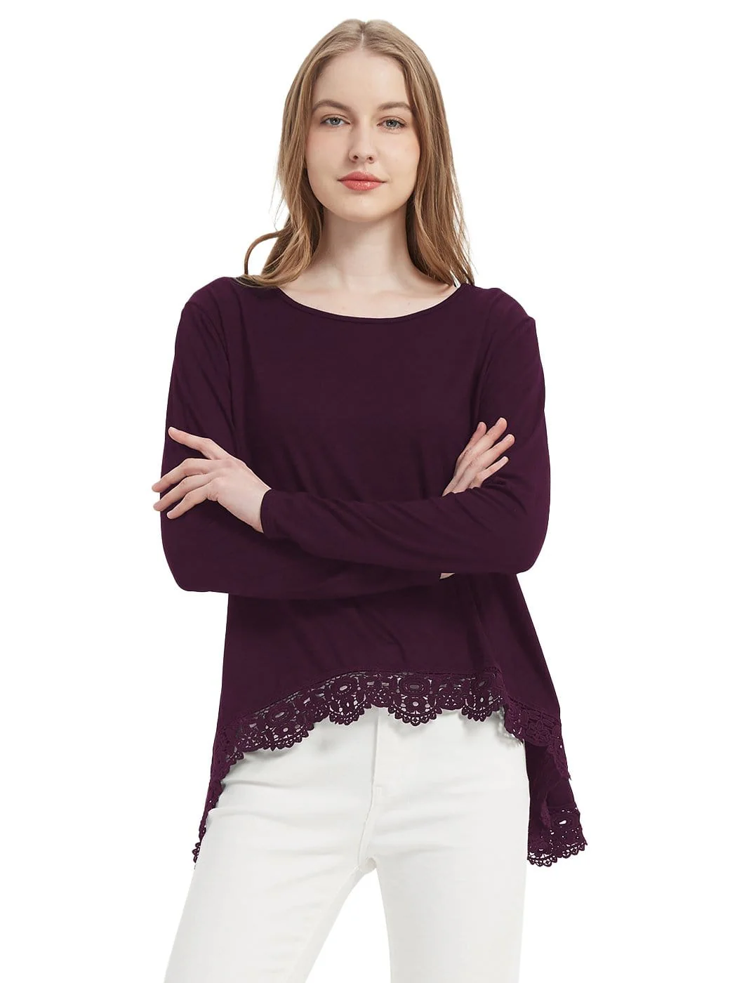 Tunic Tops Long Sleeve Lace Trim U-Neck Blouse Solid Color Shirts - Image 17
