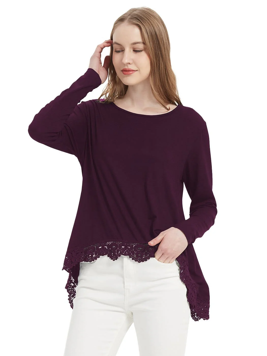 Tunic Tops Long Sleeve Lace Trim U-Neck Blouse Solid Color Shirts - Image 18