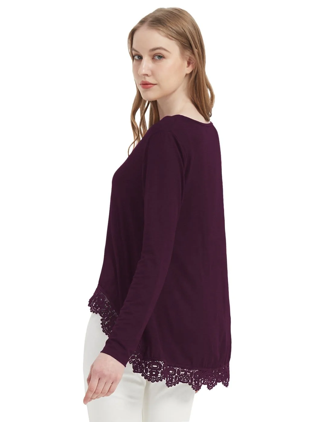 Tunic Tops Long Sleeve Lace Trim U-Neck Blouse Solid Color Shirts - Image 19
