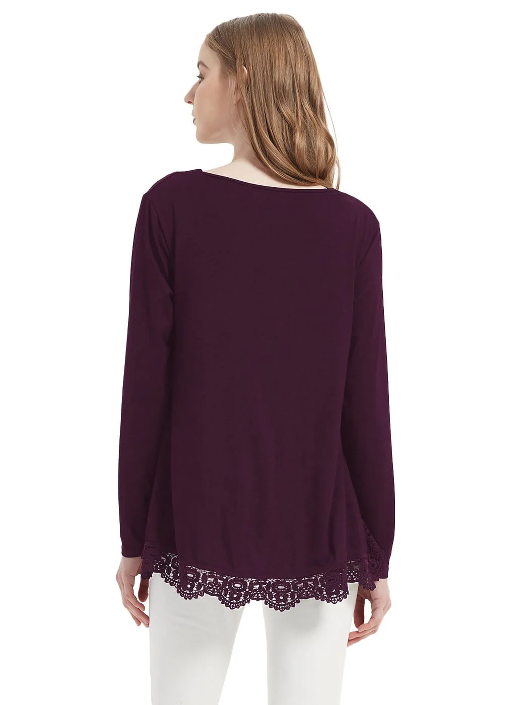 Tunic Tops Long Sleeve Lace Trim U-Neck Blouse Solid Color Shirts - Image 20