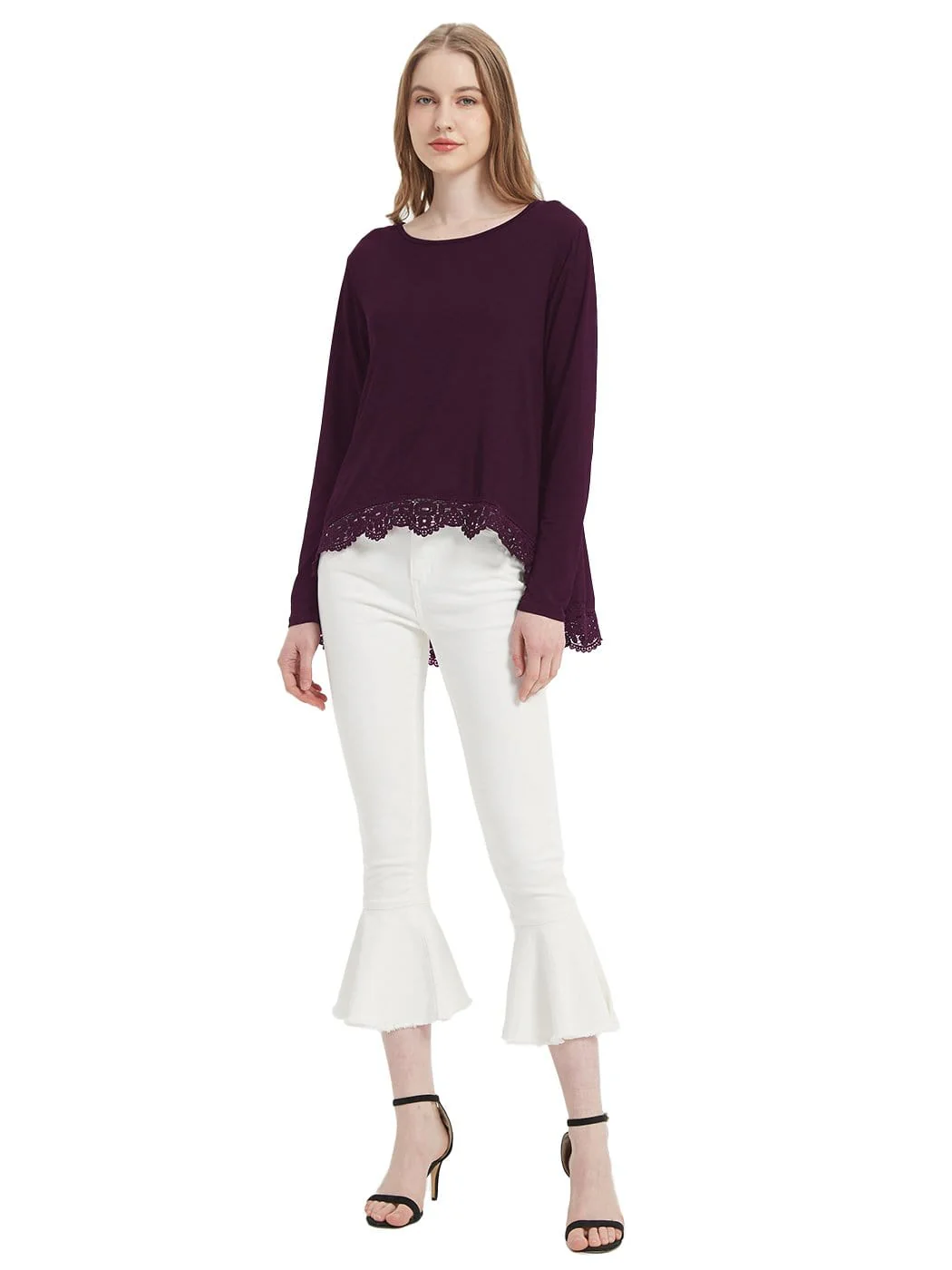 Tunic Tops Long Sleeve Lace Trim U-Neck Blouse Solid Color Shirts - Image 21