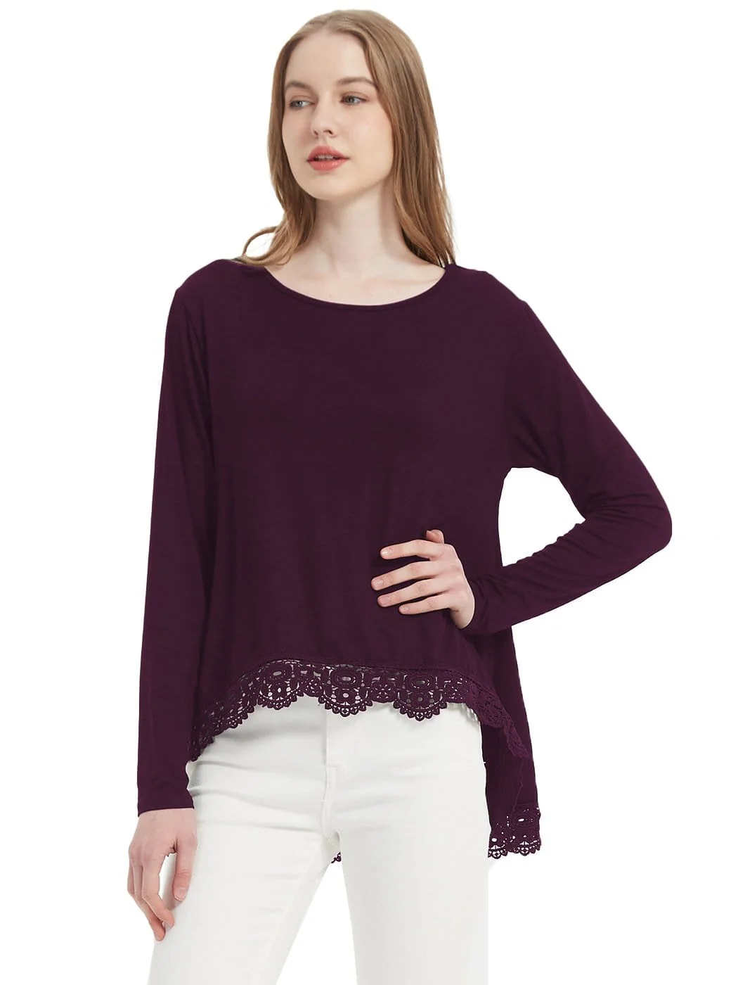 Tunic Tops Long Sleeve Lace Trim U-Neck Blouse Solid Color Shirts - Image 22