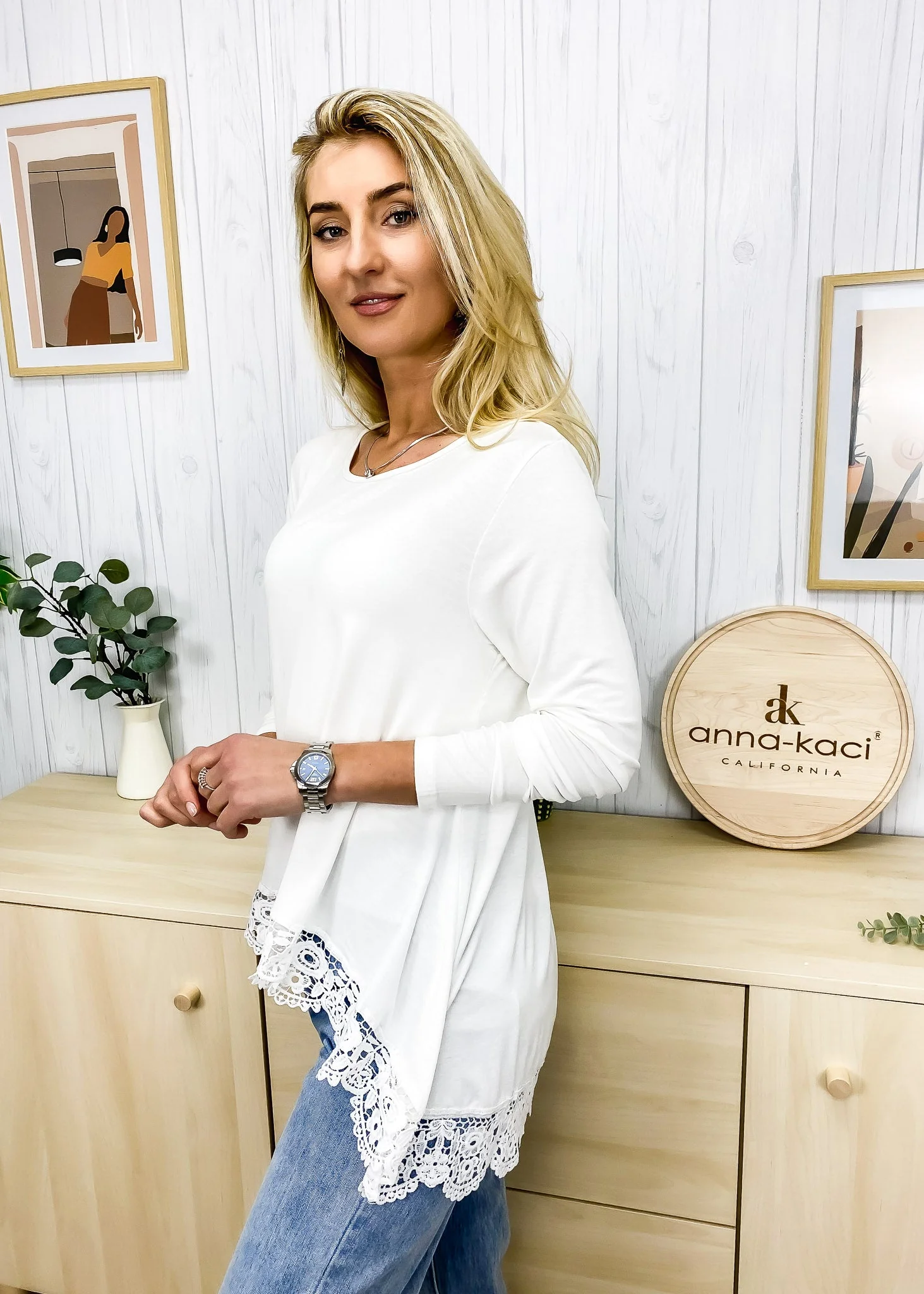 Tunic Tops Long Sleeve Lace Trim U-Neck Blouse Solid Color Shirts - Image 3