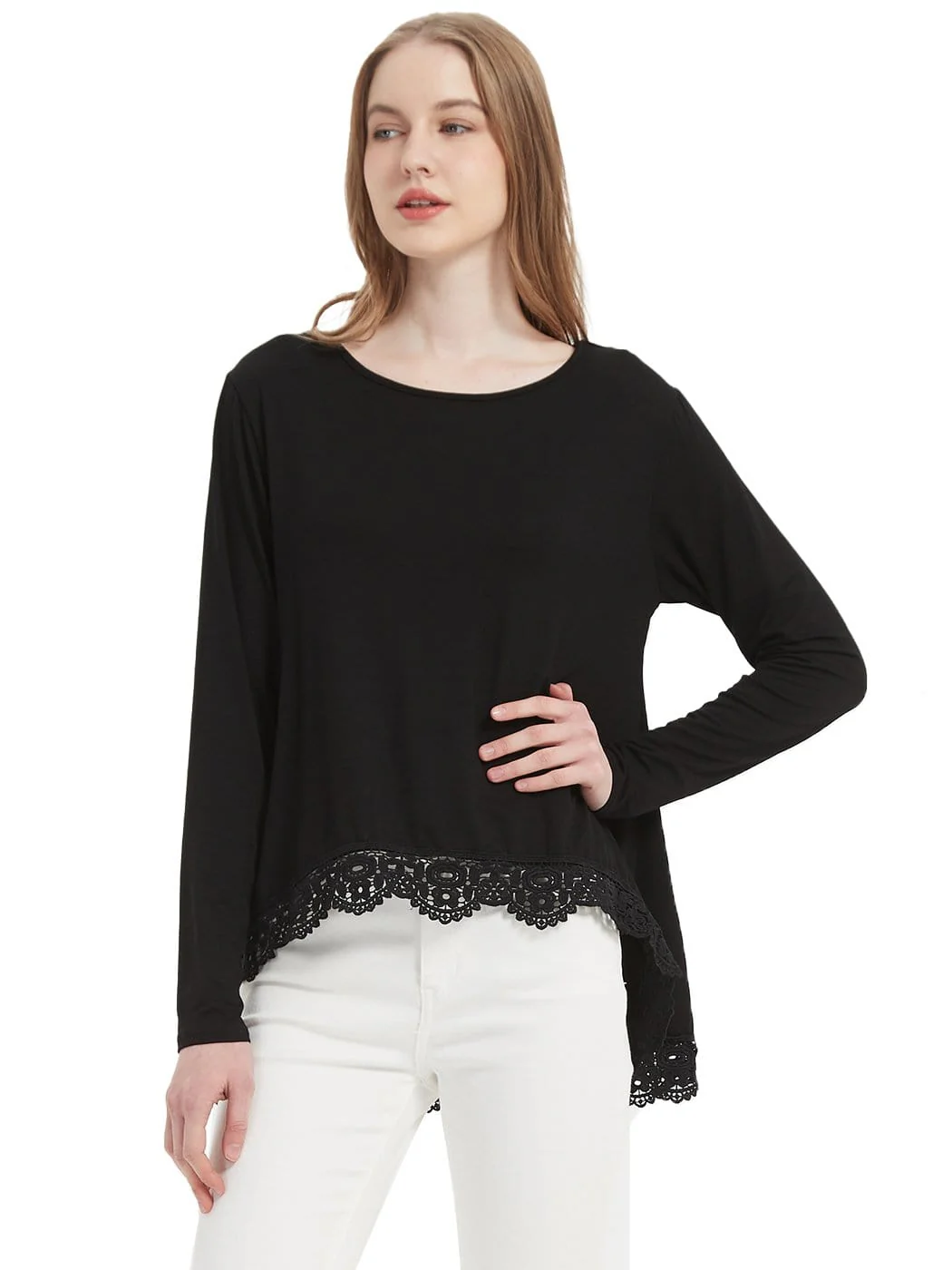 Tunic Tops Long Sleeve Lace Trim U-Neck Blouse Solid Color Shirts - Image 9