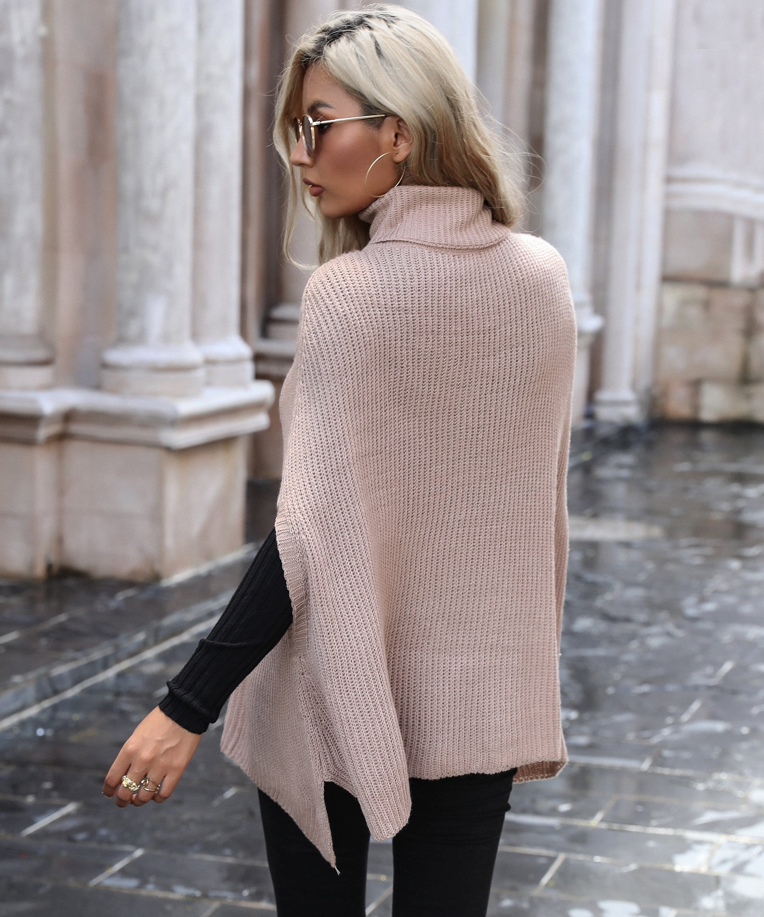 Turtleneck Chunky Knit Poncho - Image 5