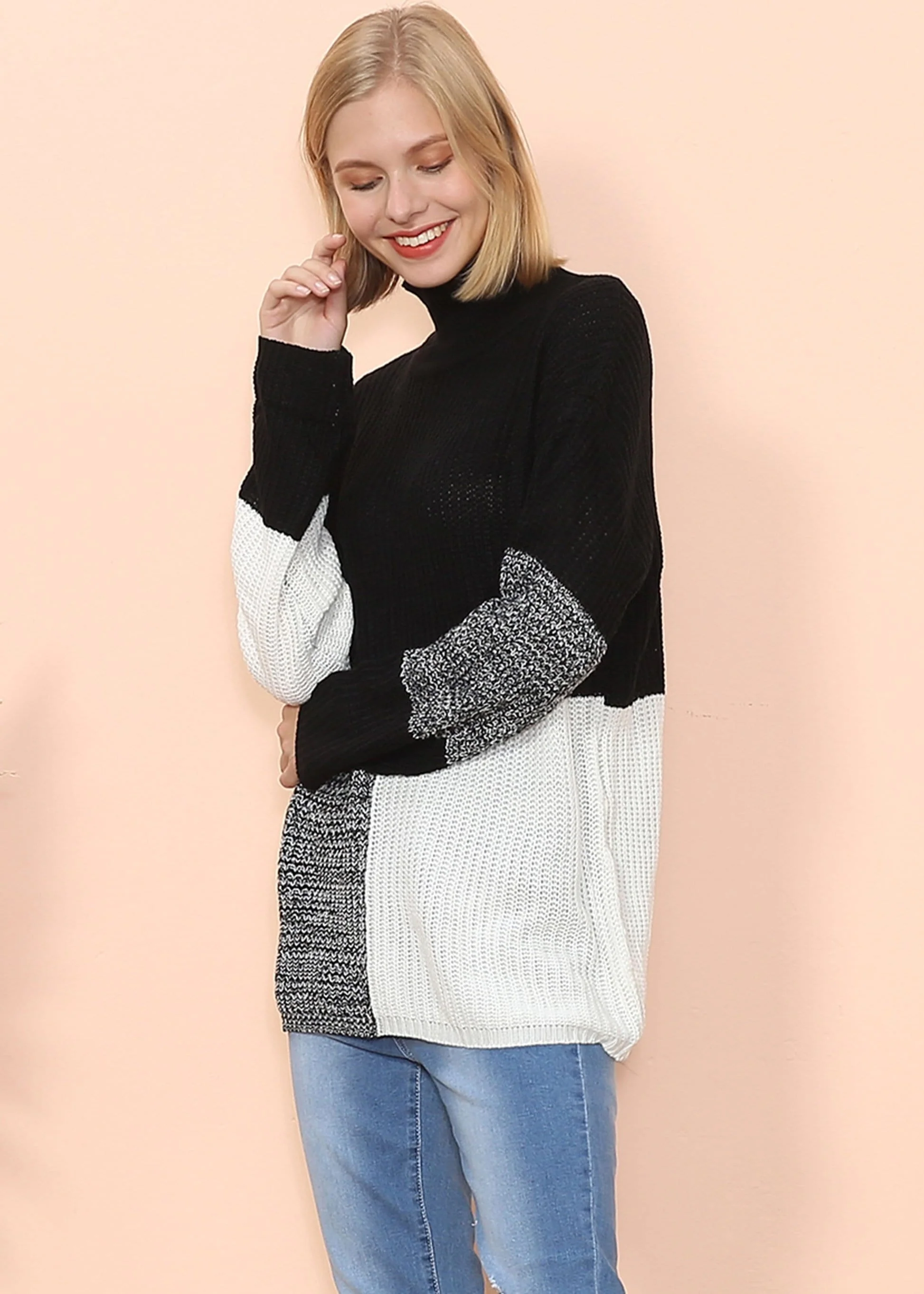 Turtleneck Color Block Knit Sweater - Image 3