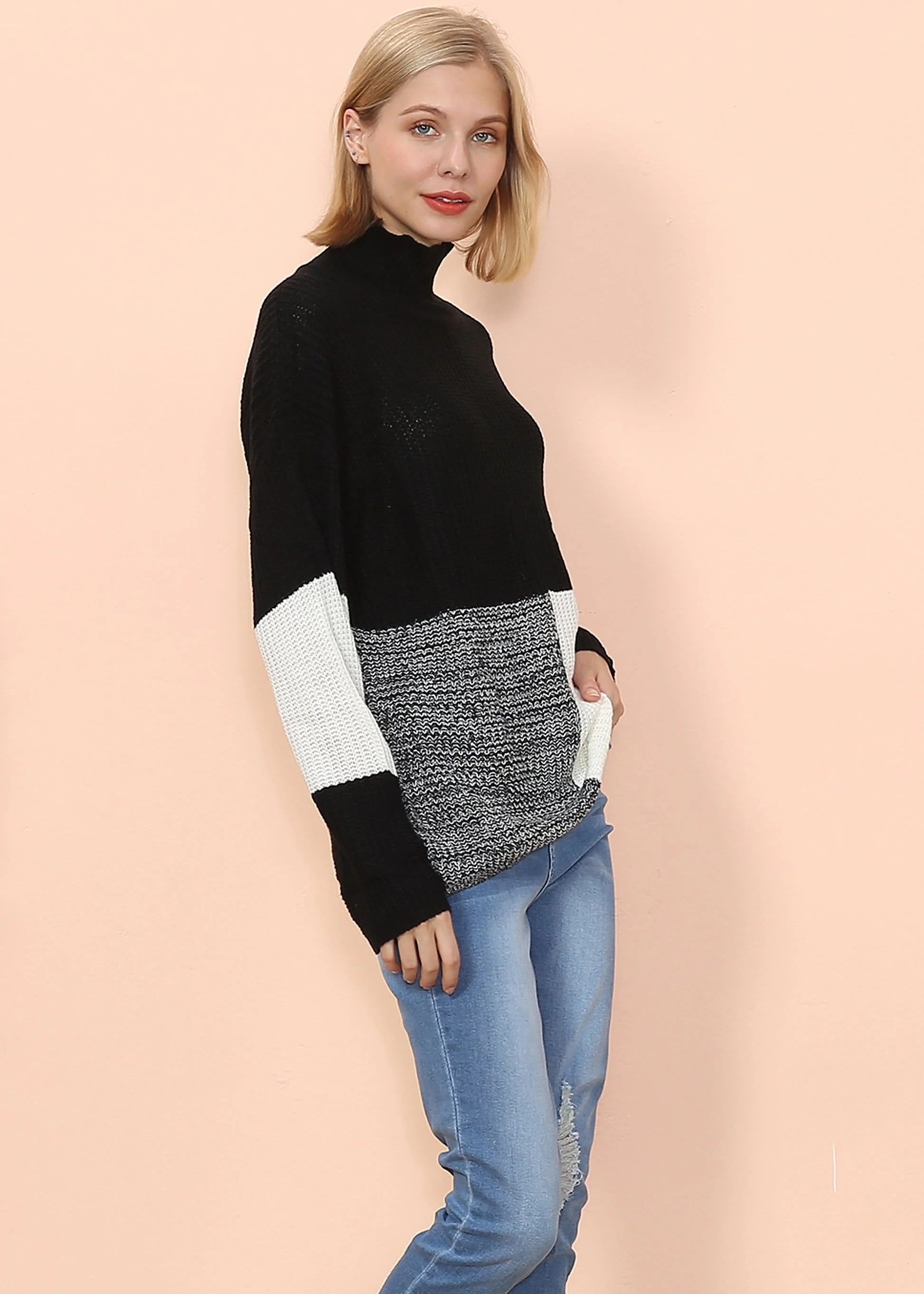 Turtleneck Color Block Knit Sweater - Image 5