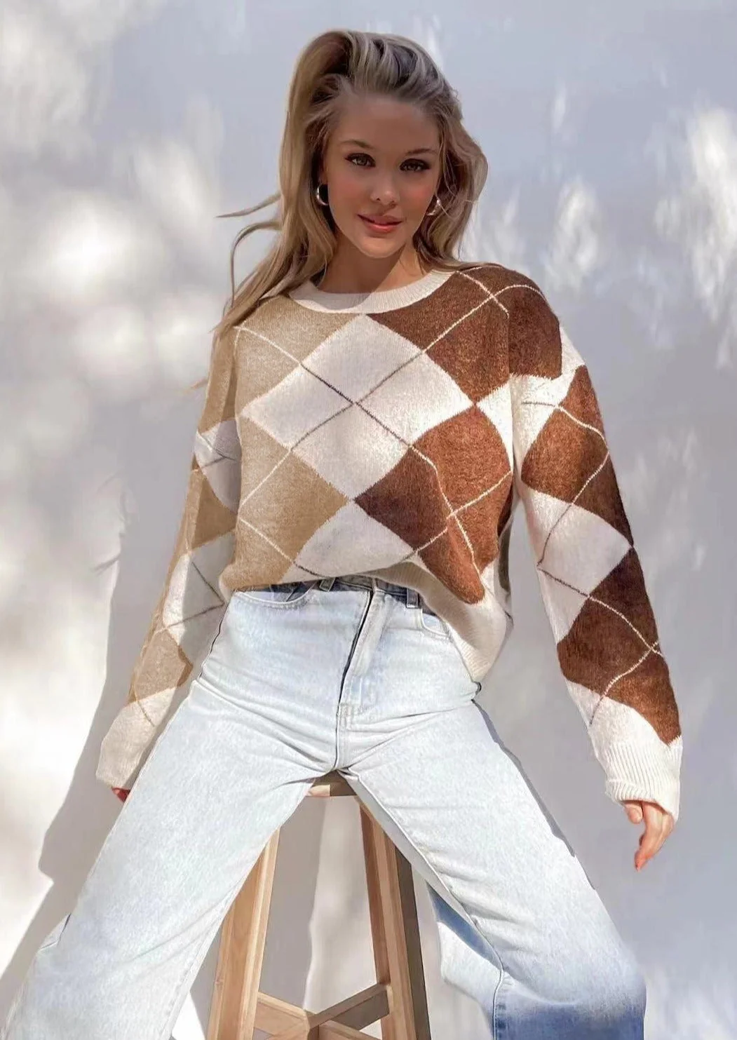 Two Tone Argyle Print Sweater