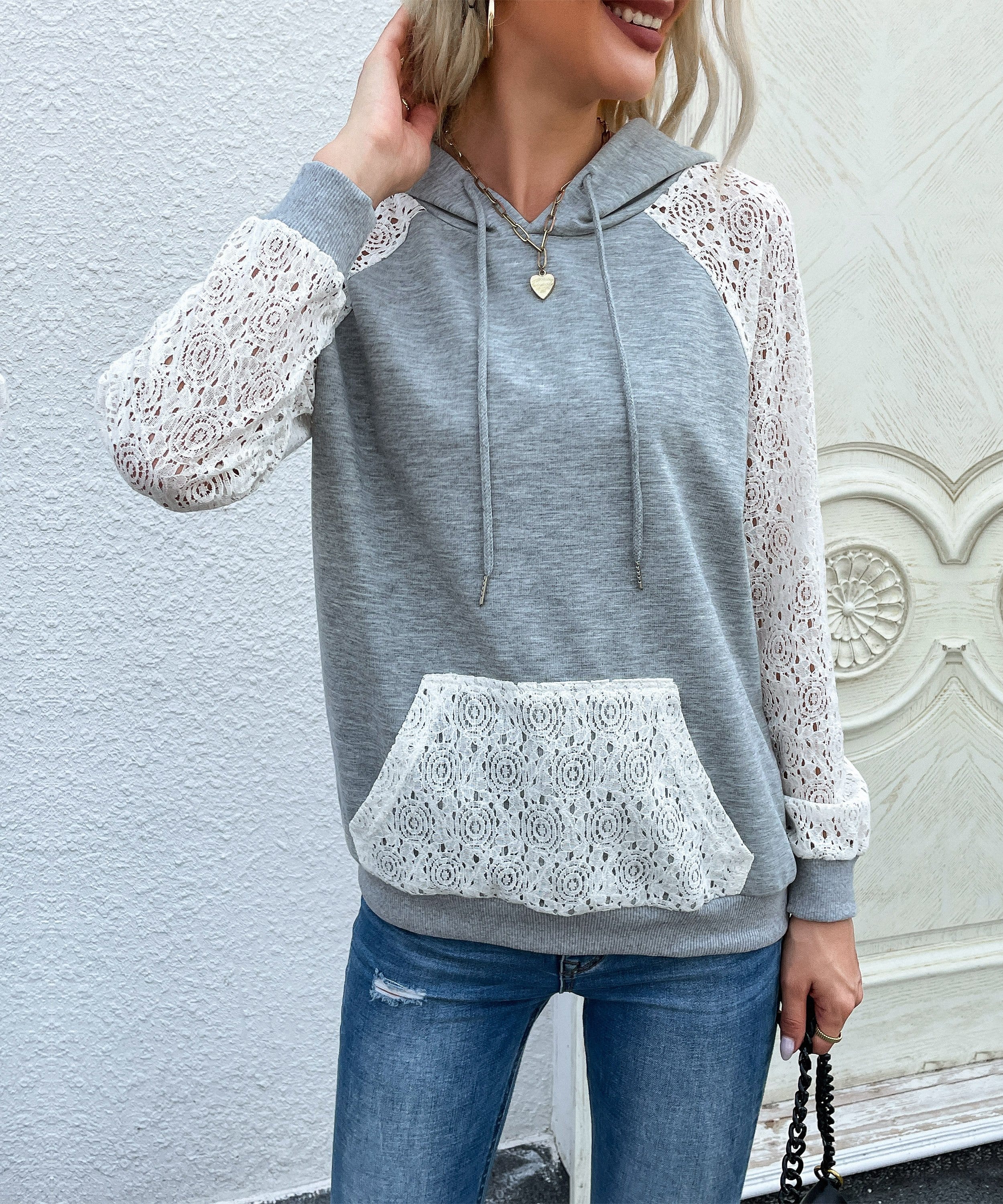 Two Tone Lace Detail Hoodie - Image 4