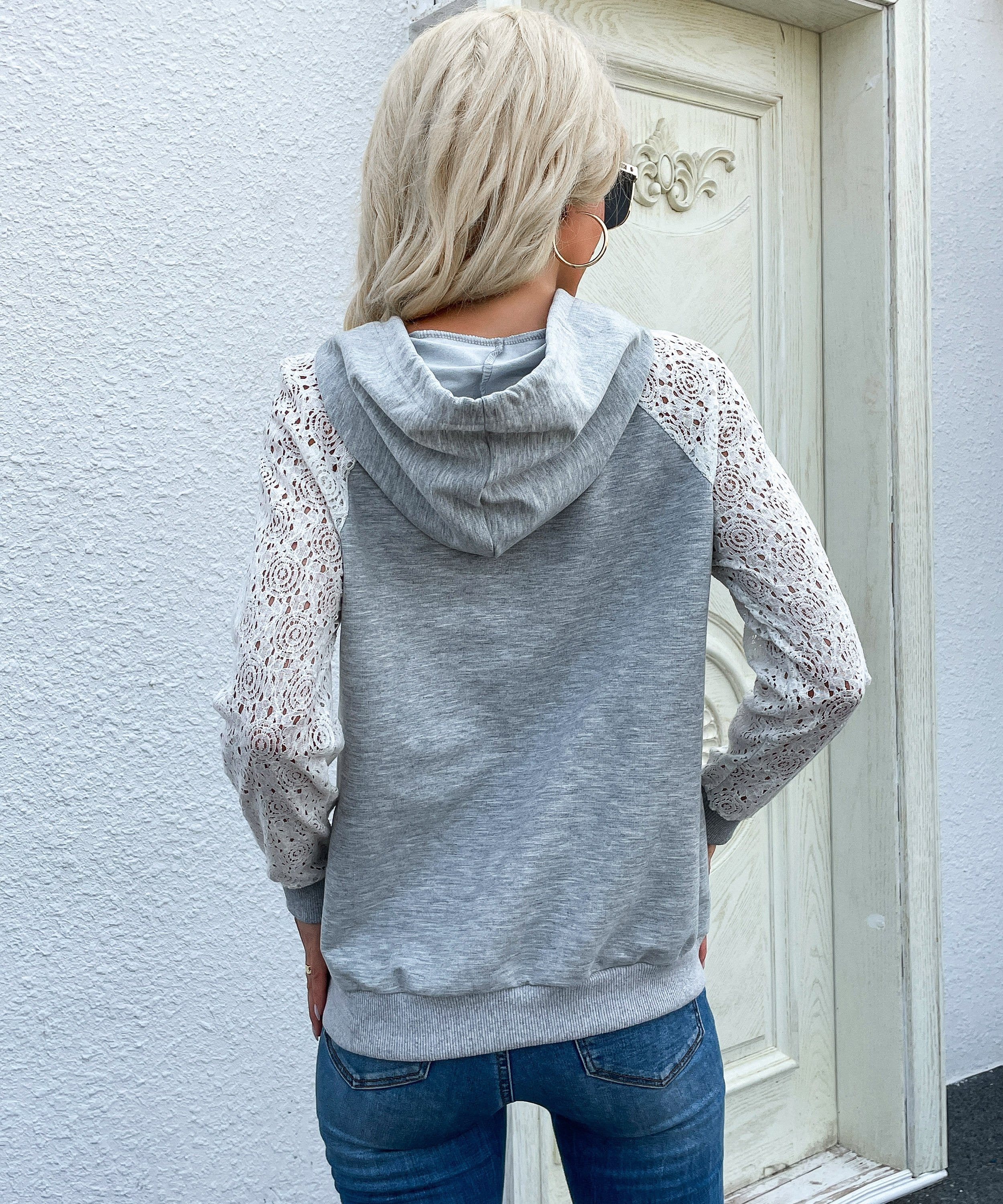 Two Tone Lace Detail Hoodie - Image 5