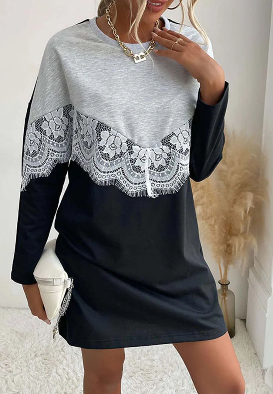 Two Tone Lace Trim Sweater Dress - Image 2