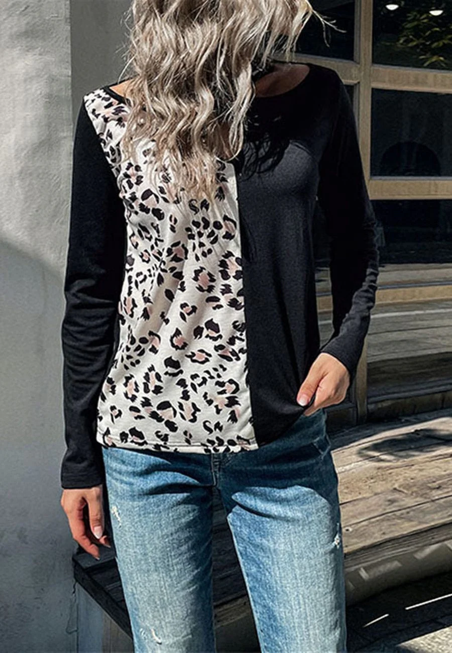 Two Tone Leopard Basic Sweater - Image 3