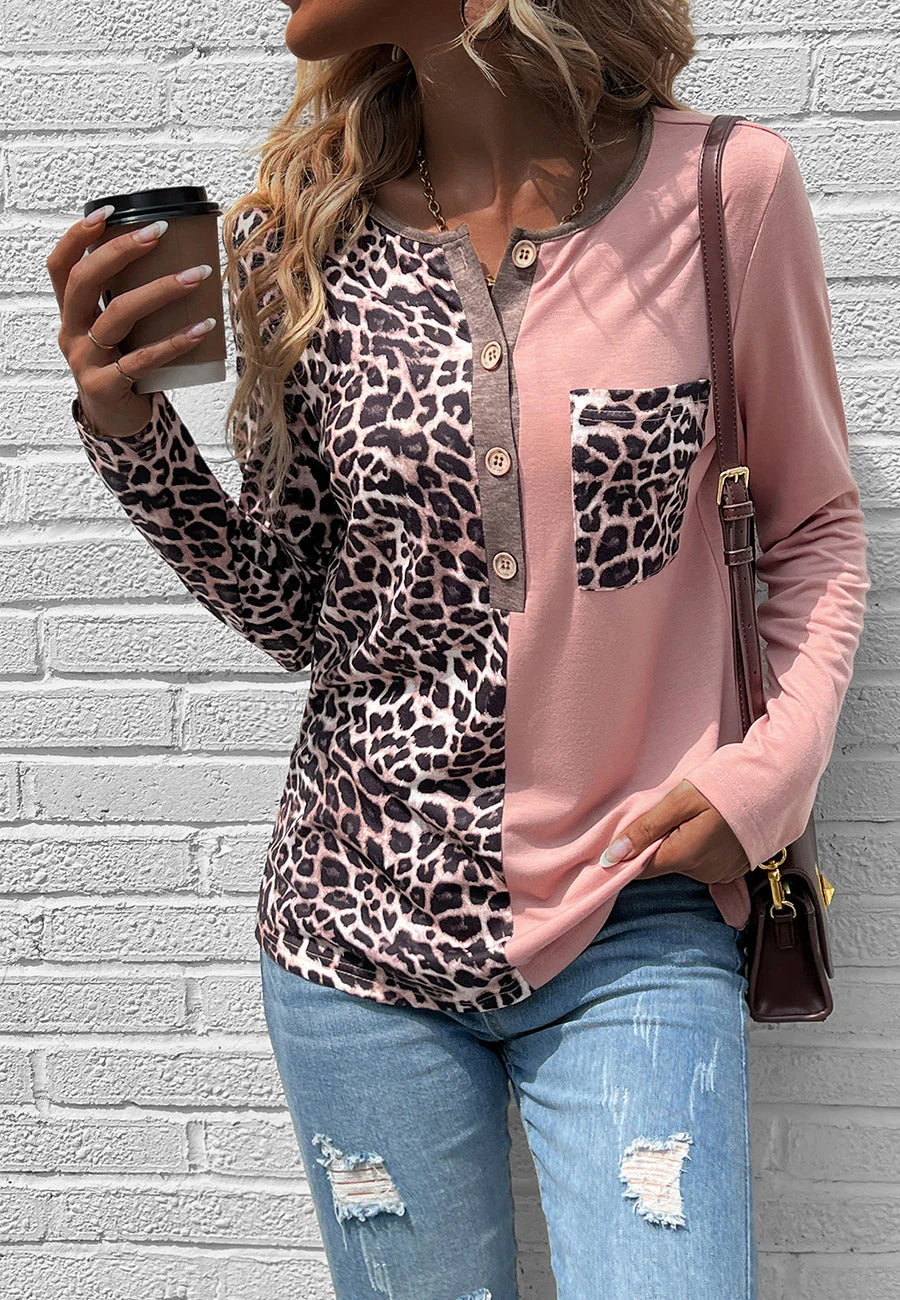 Two Tone Leopard Henley Top - Image 2