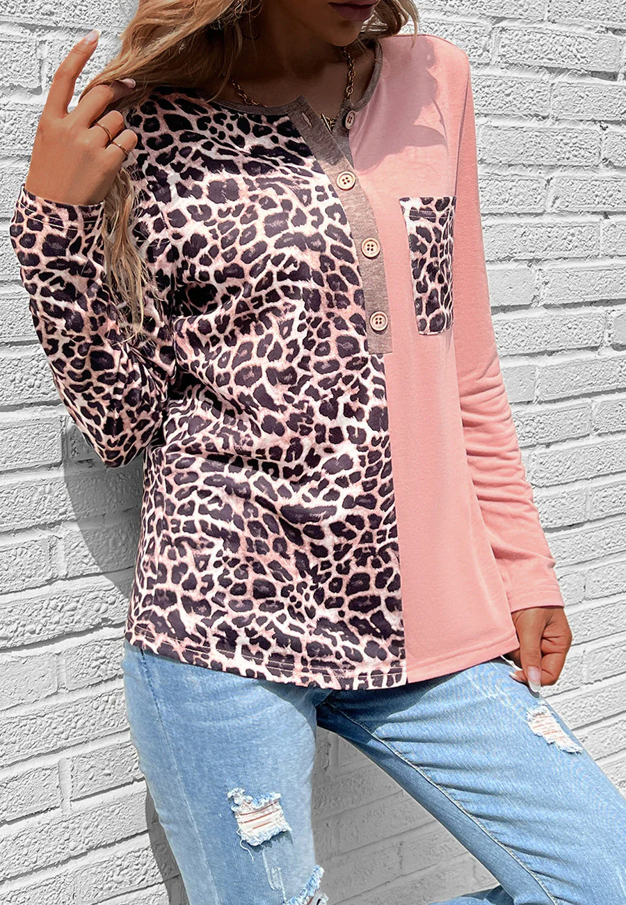 Two Tone Leopard Henley Top - Image 5